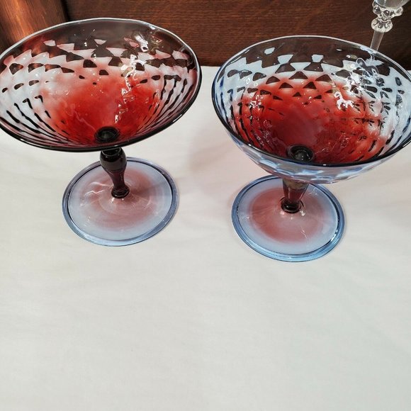 2 Handblown Diamond Optic Blue Red Champagne Coupes quilted footed sherbet - Picture 2 of 12